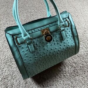Mint green Teal Ostrich‎ Embossed Satchel Handbag Gold Lock Top Handle Bag